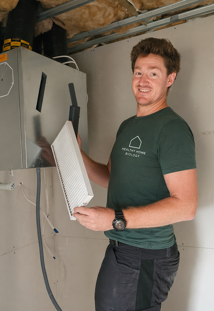 A man in a green "Healthy Home Biology" shirt holds an air filter beside a ventilation unit in a partially finished room. | Healthy Home Biology Dennis Adam: A man in a green "Healthy Home Biology" shirt holds an air filter beside a ventilation unit in a partially finished room. | Healthy Home Biology