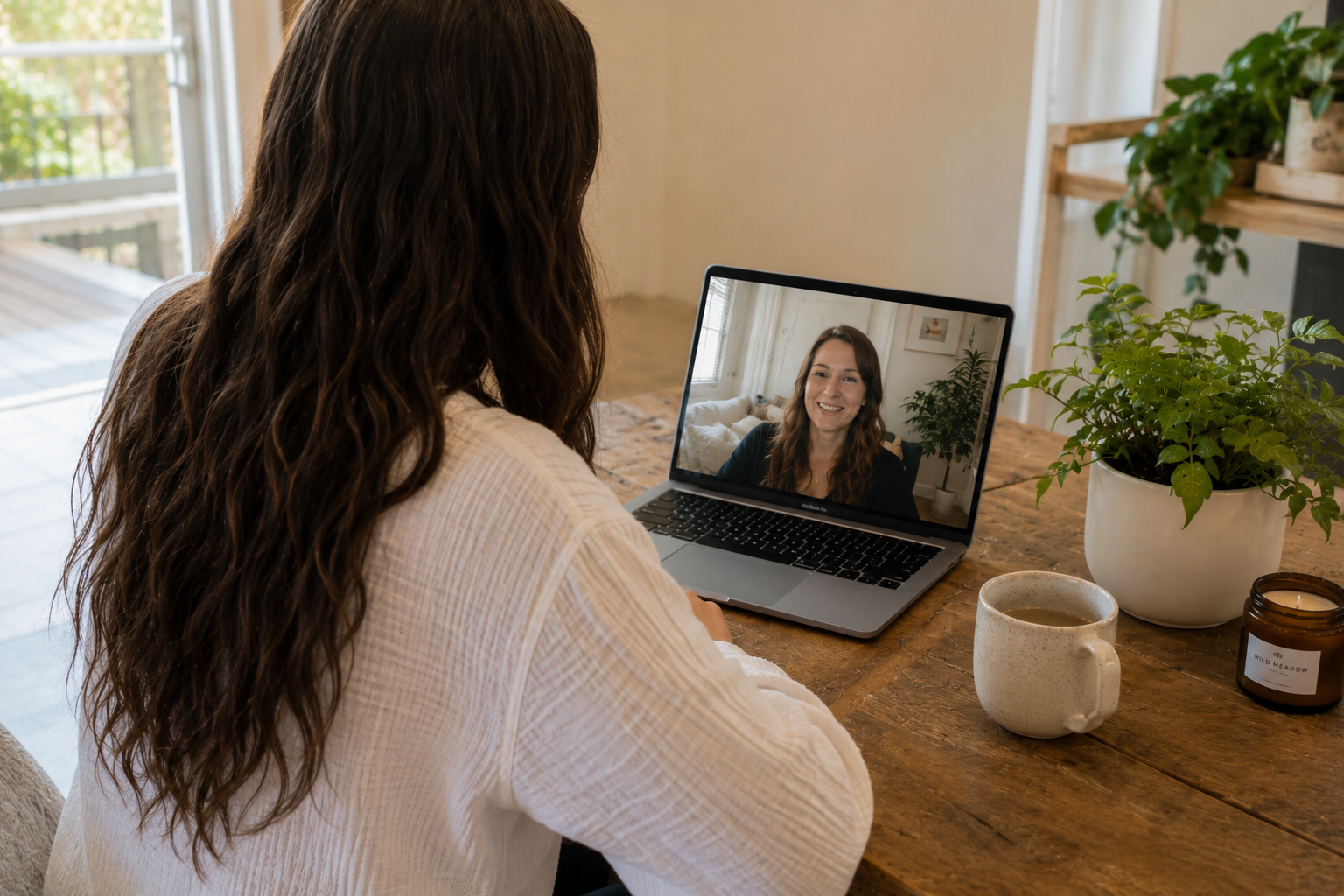 Woman on video call from home, smiling participant on screen.